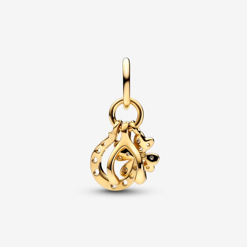 Pandora Lucky Clover Wishbone & Horseshoe Dangle Charms Gold | 80152-PWNC