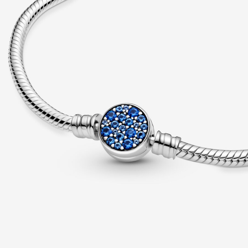 Pandora Moments Sparkling Blue Disc Clasp Snake Chain Bracelets Sterling silver | 42081-KGXN