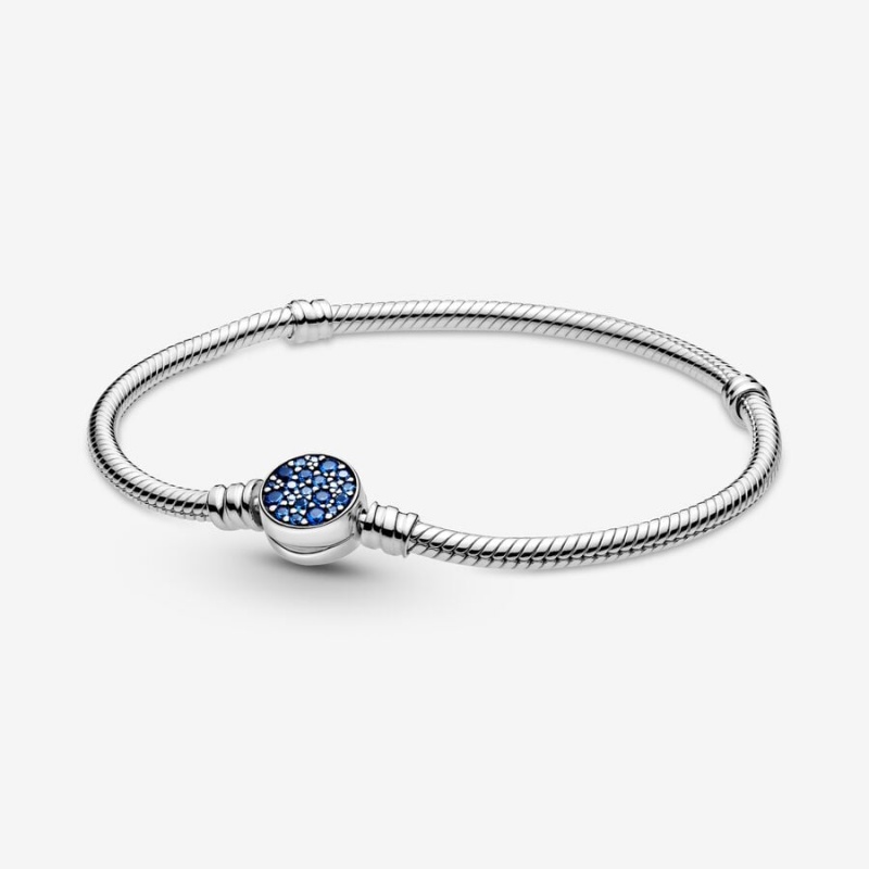 Pandora Moments Sparkling Blue Disc Clasp Snake Chain Bracelets Sterling silver | 42081-KGXN