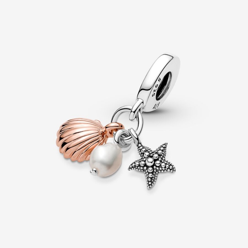 Pandora Treated Freshwater Cultured Pearl Starfish & Shell Triple Dangle Charms Two-tone | 84290-RNBG