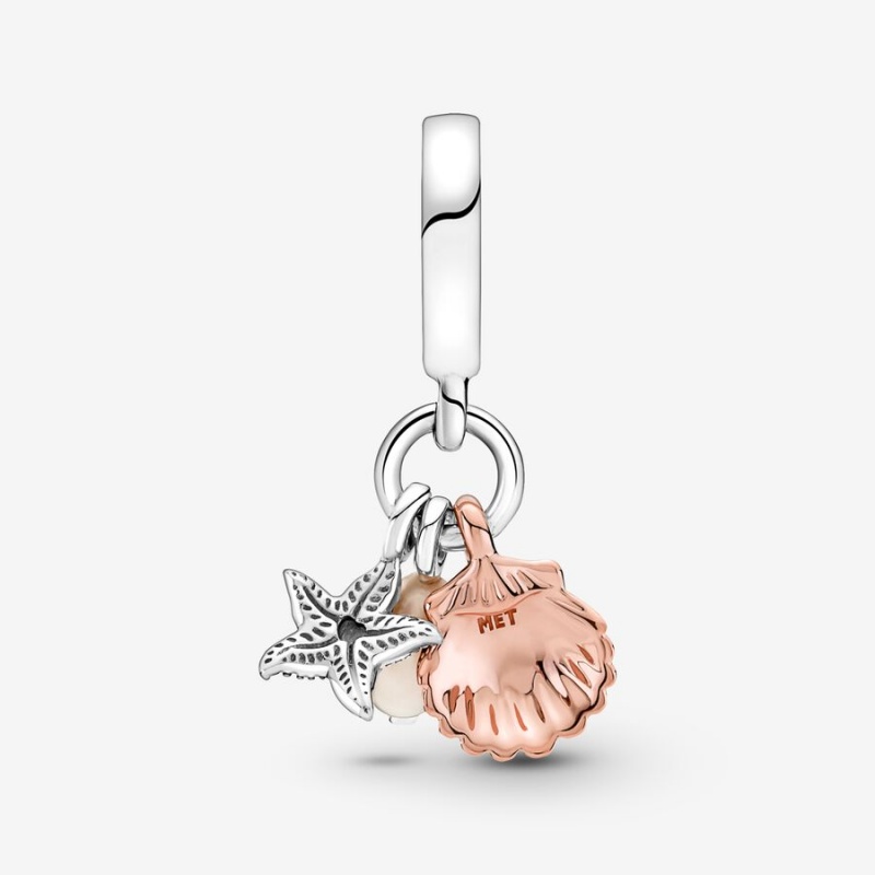 Pandora Treated Freshwater Cultured Pearl Starfish & Shell Triple Dangle Charms Two-tone | 84290-RNBG