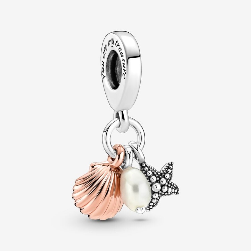 Pandora Treated Freshwater Cultured Pearl Starfish & Shell Triple Dangle Charms Two-tone | 84290-RNBG